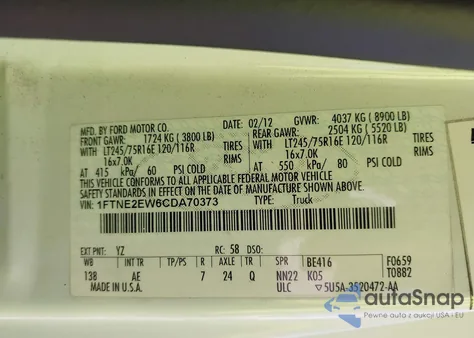 2012 Ford E-250 Commercial from USA, damaged, VIN 1FTNE2EW6CDA70373